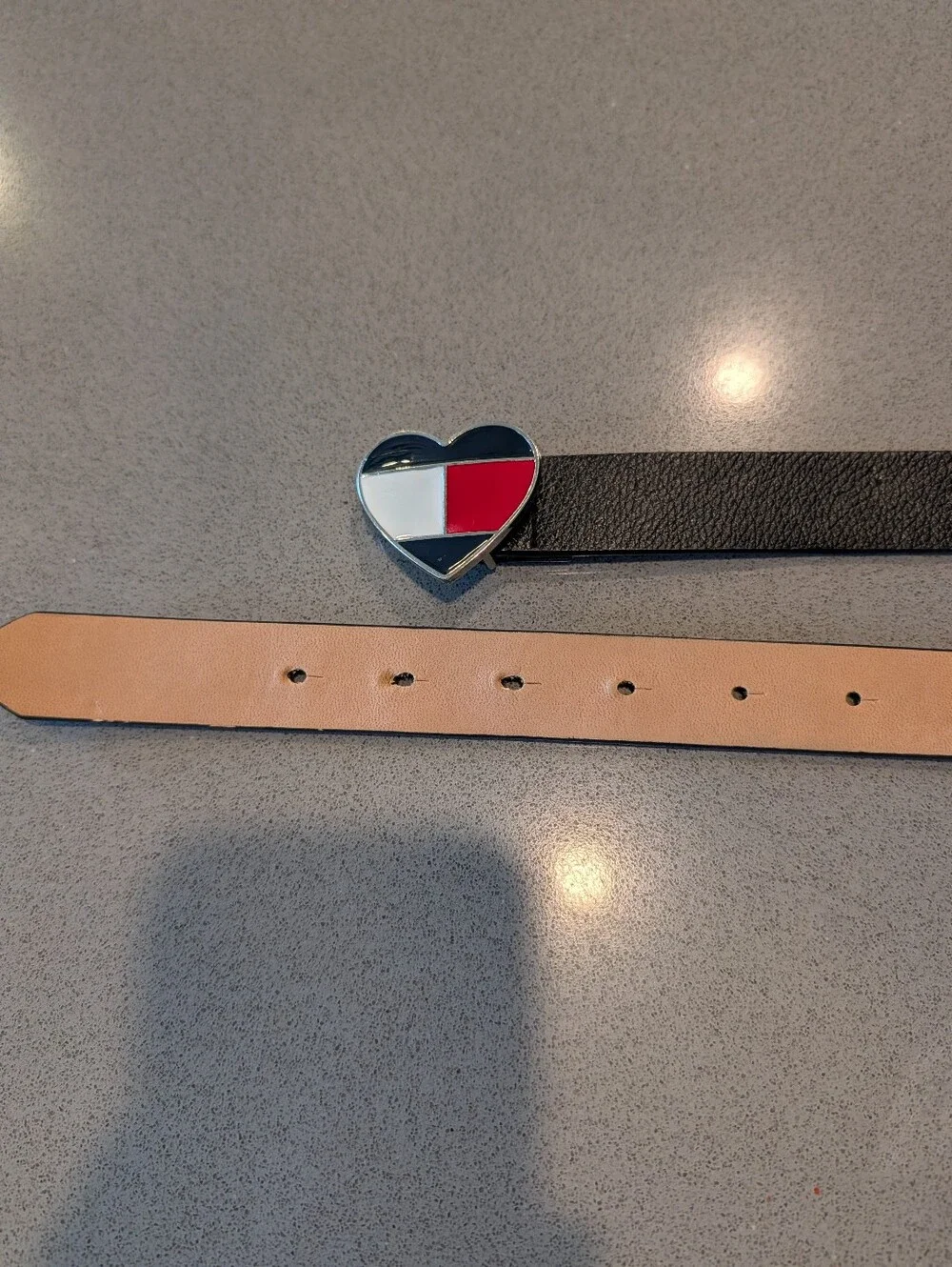 Tommy Hilfiger Black Leather Belt with Heart Flag Buckle in Red, White & Black